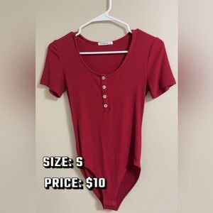 Red V-Neck Bodysuit with Button Detail
